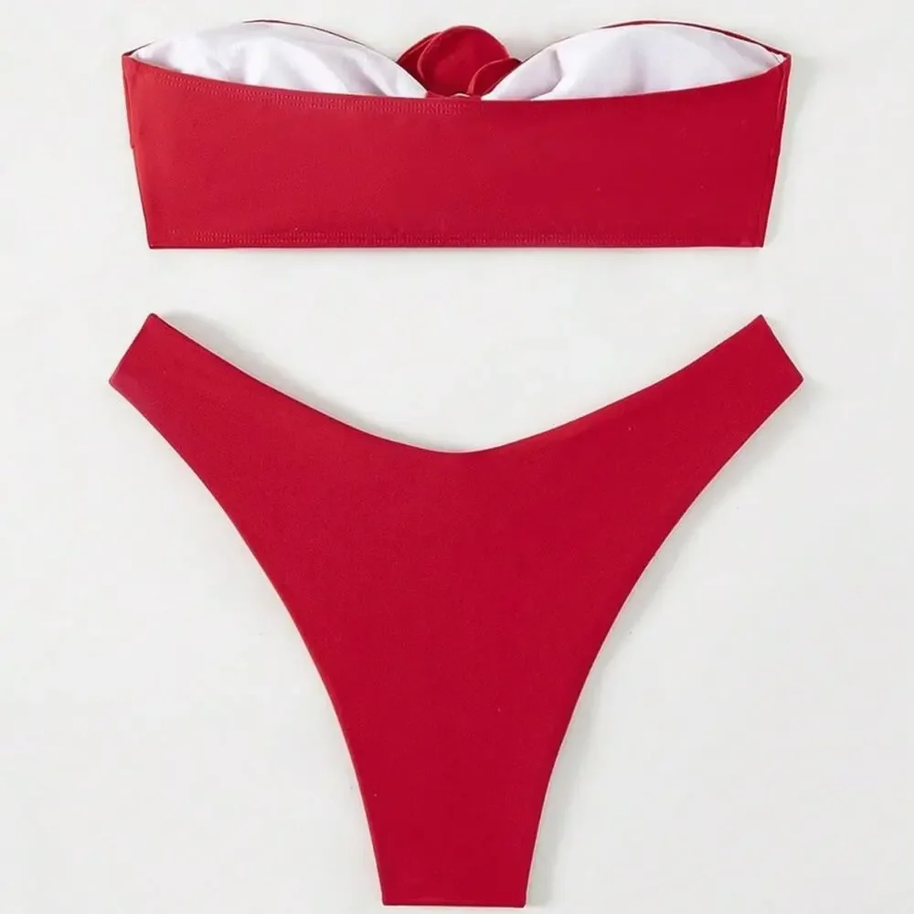 Oyoangle-Red Bandeau Flower Bikini Set-Med